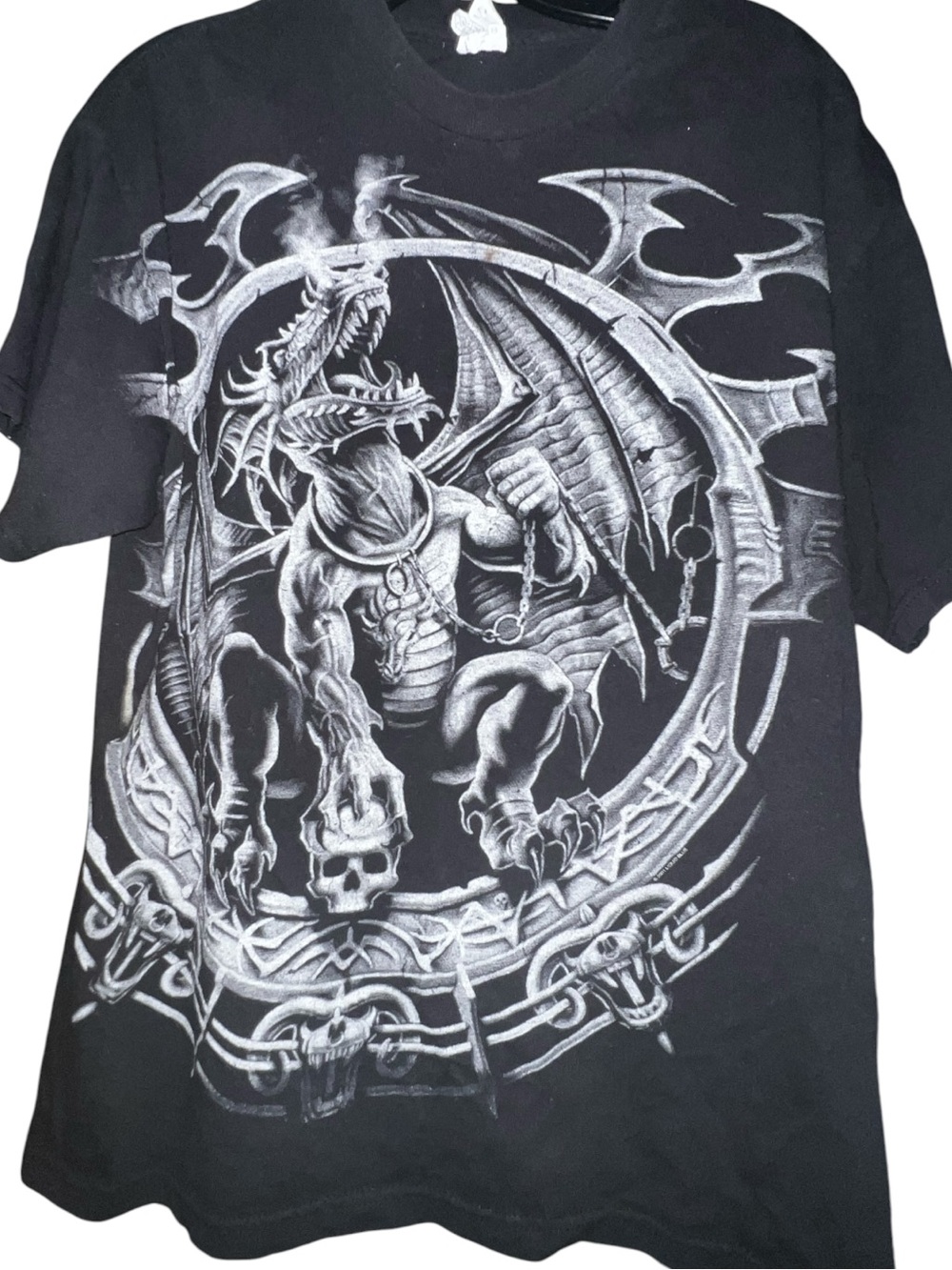 2001 Liquid Blue Black Short-Sleeve Tee with White Dragon Graphic size L